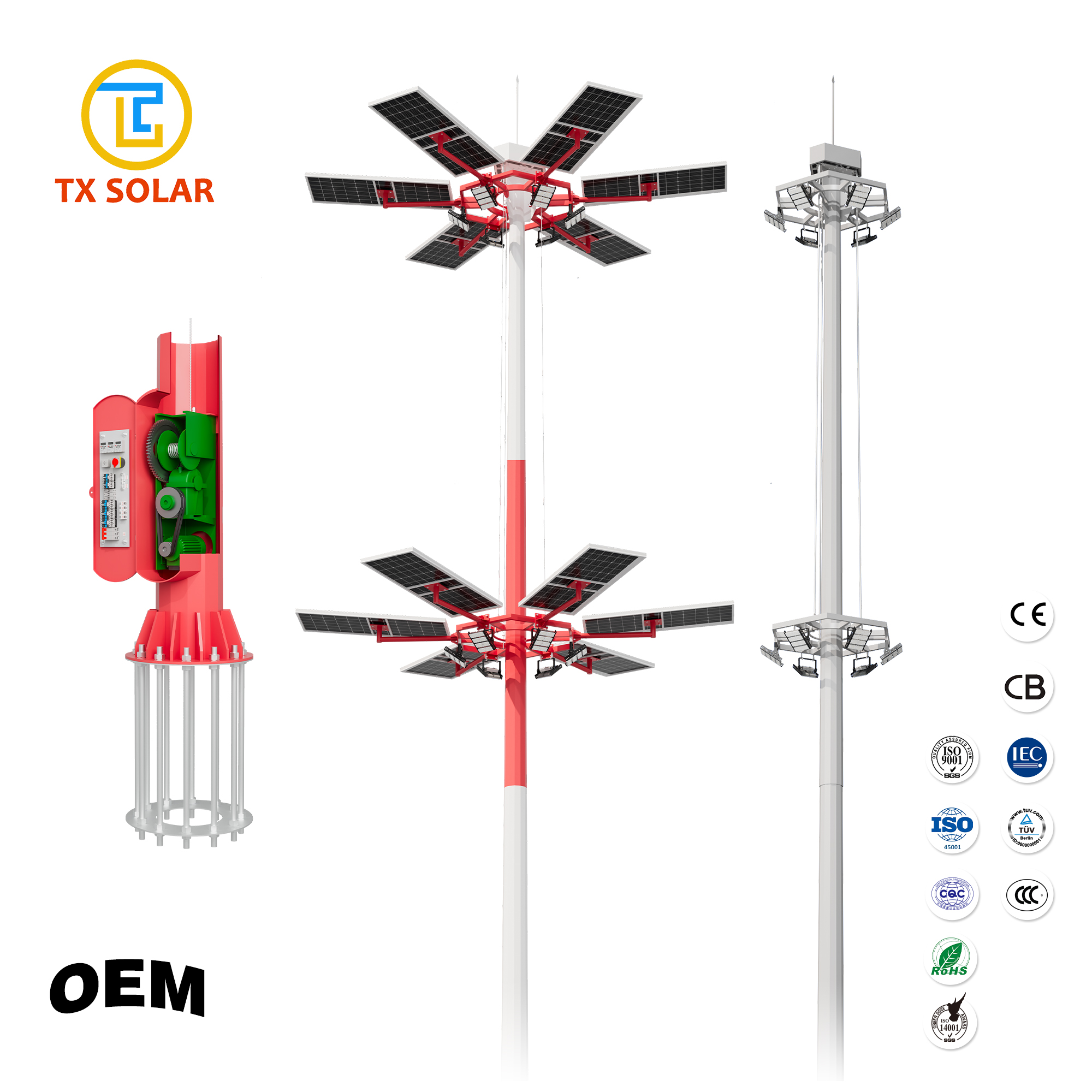 High Mast with Raising Lowering System and Solar Panels